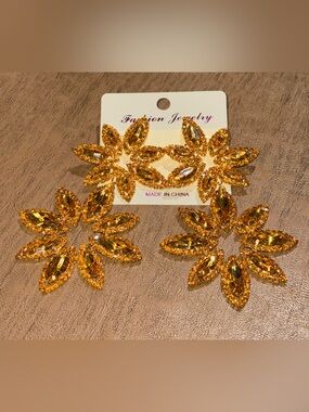 Golden Amber Rhinestone Statement Earrings | Glam Floral Burst Drop Earrings